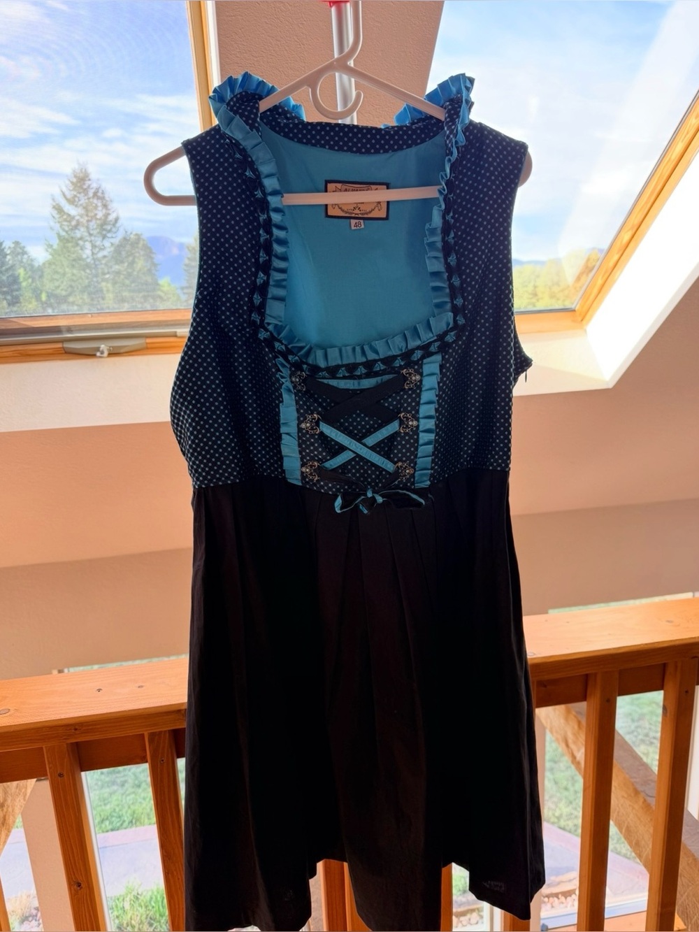 Women's Black Dirndl with Teal Trim and Lace-Up Bodice Oktoberfest with Apron